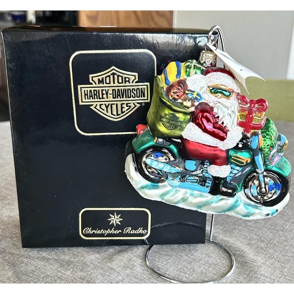Christopher Radko Harley Davidson Free Wheeling Santa 1997 Glass Ornament Box